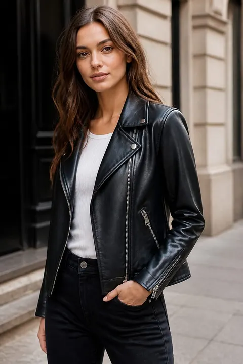 Kadın Deri Görünümlü Ceket – Fermuarlı Biker Model