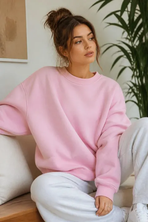 Kadın Pembe Oversize Sweatshirt – Şardonlu İç Yüzey