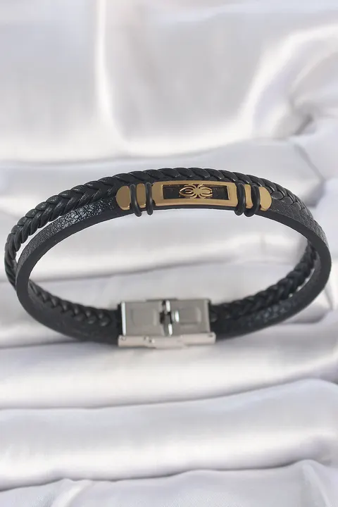 Tegan 316L Çelik Gold Renk Örümcek Figür Çift Sıra Burgu Desenli Deri Kordon Erkek Bileklik TG27EB3711