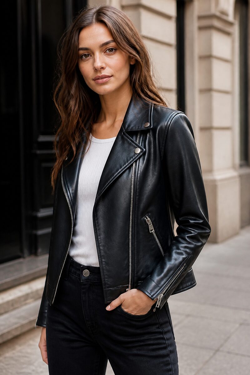 Kadın Deri Görünümlü Ceket – Fermuarlı Biker Model