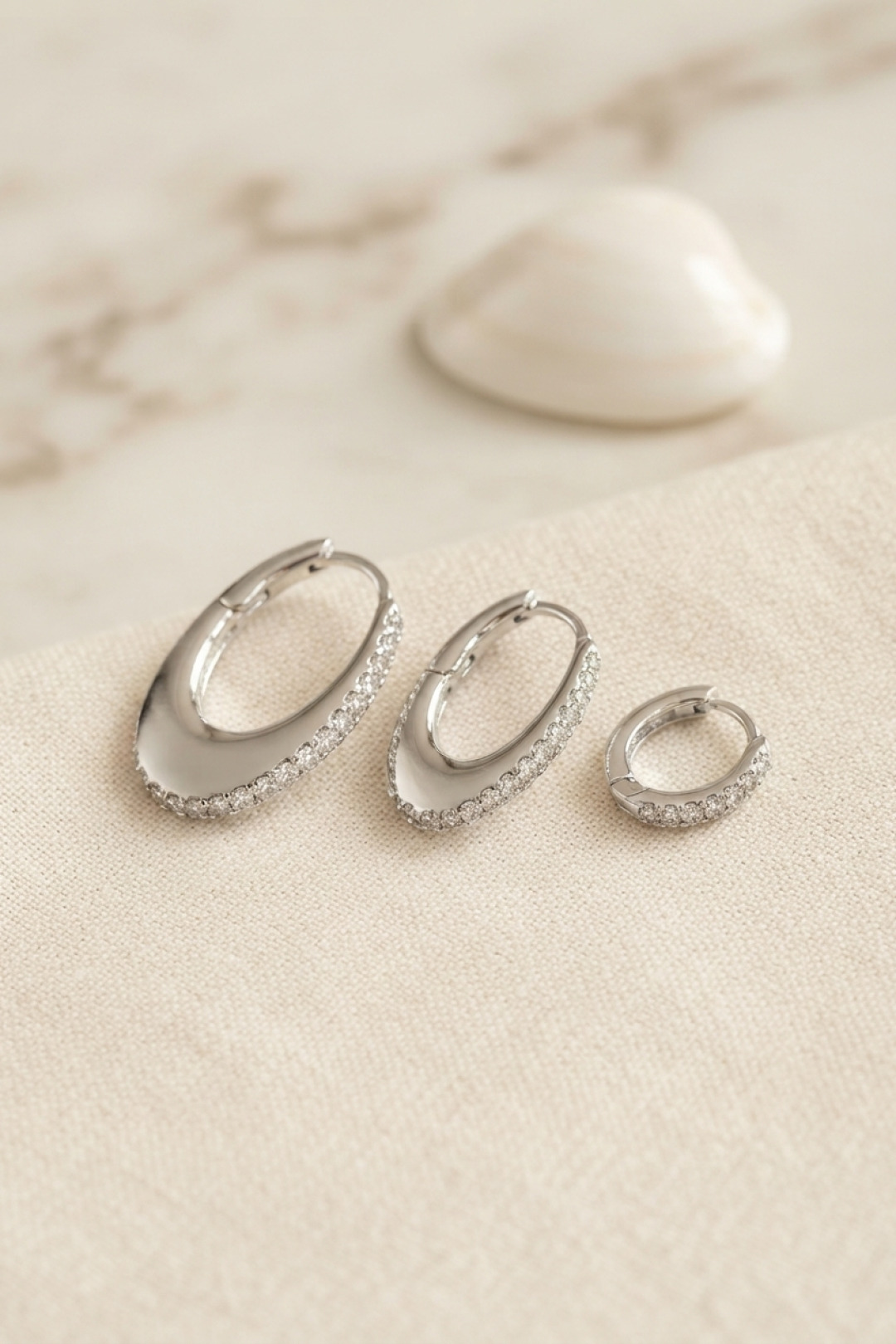 Tegan Gümüş Renk Oval Halka Model Zirkon Taşlı 3 lü Küpe Set TG27BKP11975