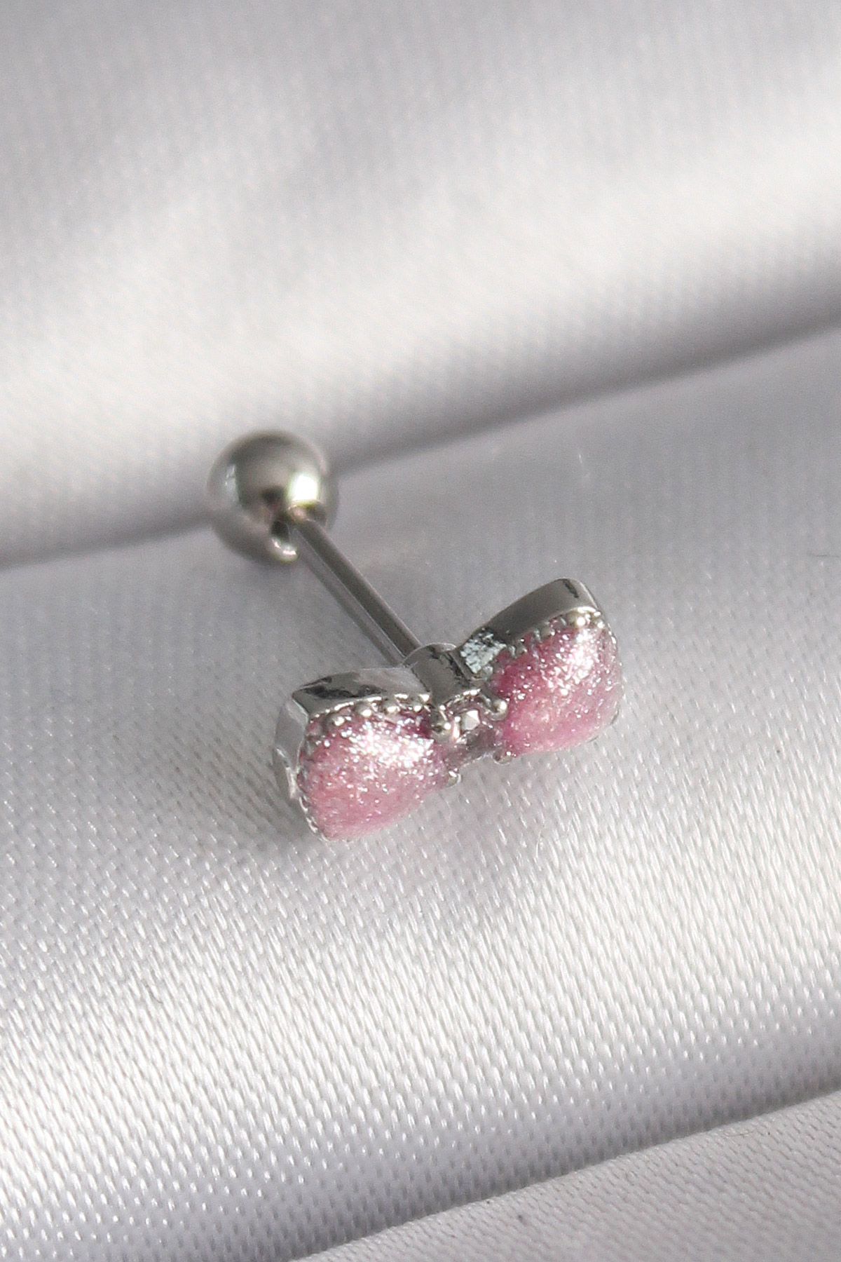 Tegan 316L Çelik Gümüş Renk Pembe Kurdele Zirkon Taş Detay Tragus Piercing TG27PR1295