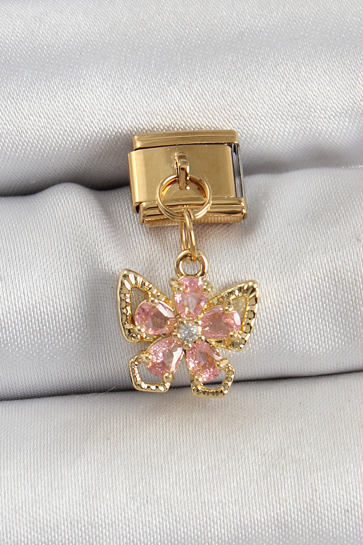 Tegan 316L Çelik Sallantılı Zirkon Taşlı Çiçek Figürlü Kelebek Model Gold Renk Nomination Charm TG27BC1419