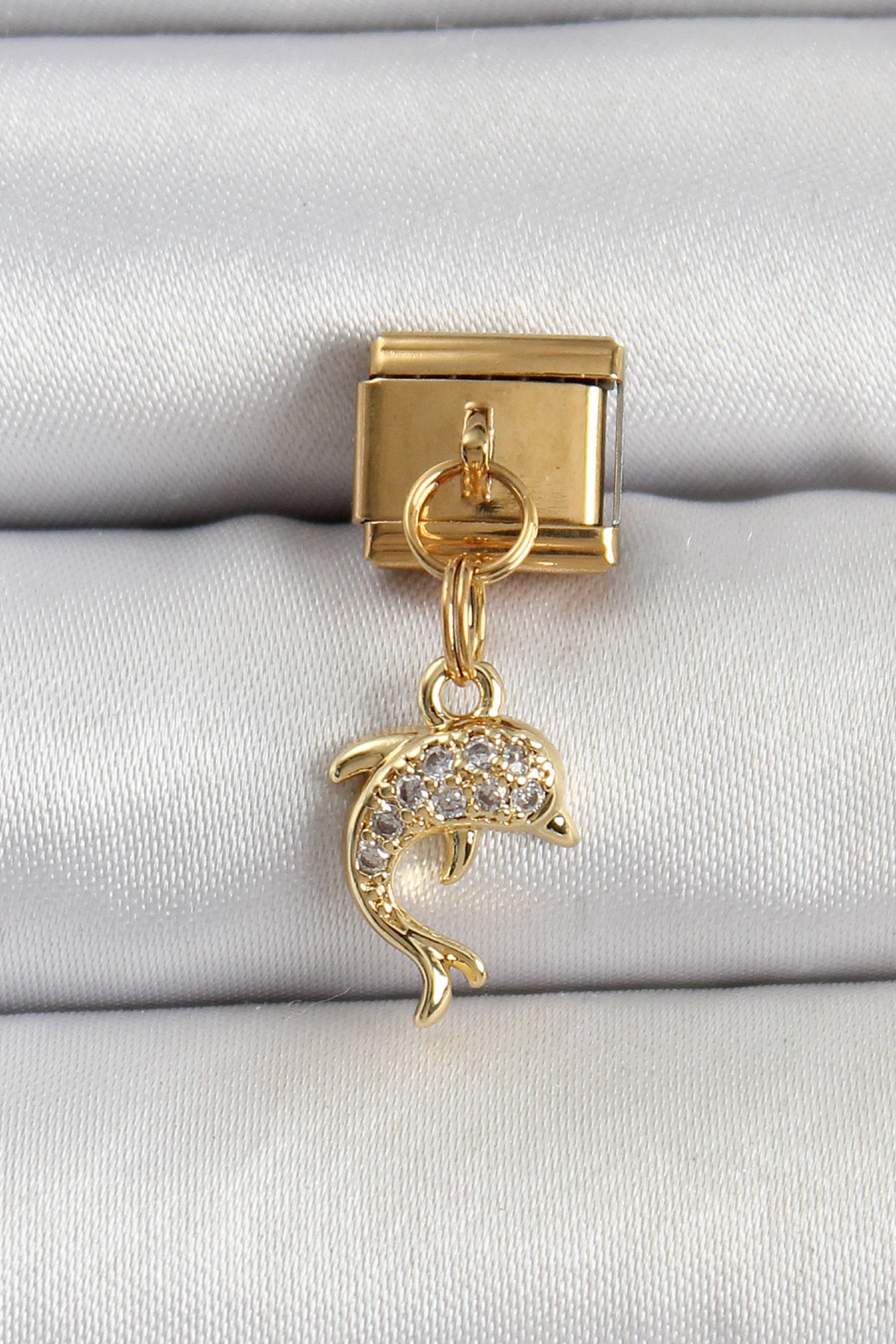 Tegan 316L Çelik Sallantılı Zirkon Taşlı Yunus Balığı Model Gold Renk Nomination Charm TG27BC1407