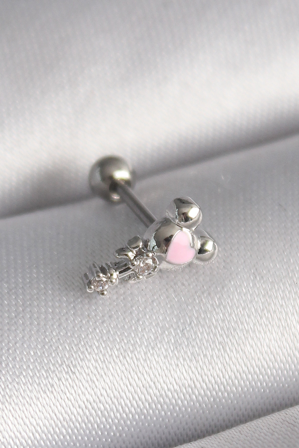 Tegan 316L Çelik Gümüş Renk Zirkon Taş Detay Pembe Kalp İşleme Tragus Piercing TG27PR1281